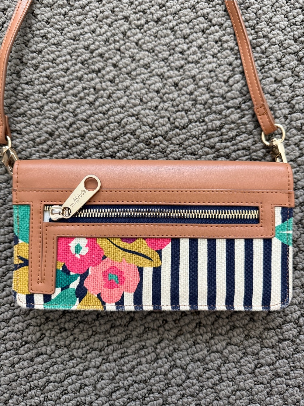 Spartina 449 Tan Leather-Trim Crossbody with Navy Stripe and Teal/Pink Floral - Picture 2 of 5
